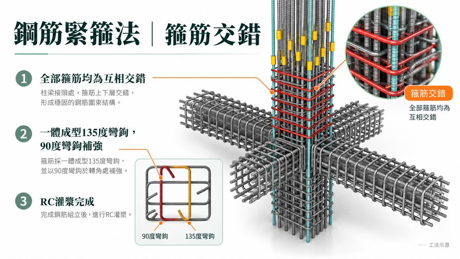 鋼筋緊箍法｜箍筋交錯工法圖卡